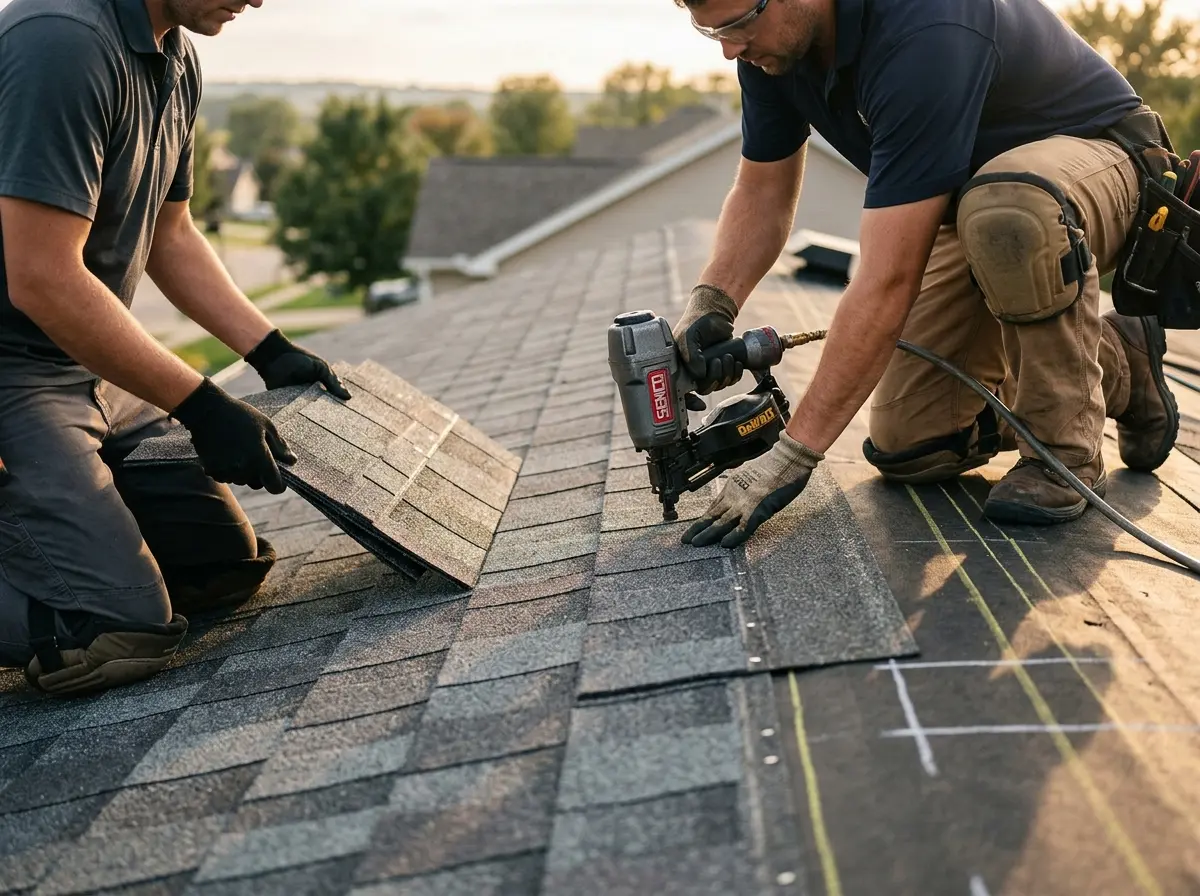 Professional roofer working on a residential roof in Commerce City